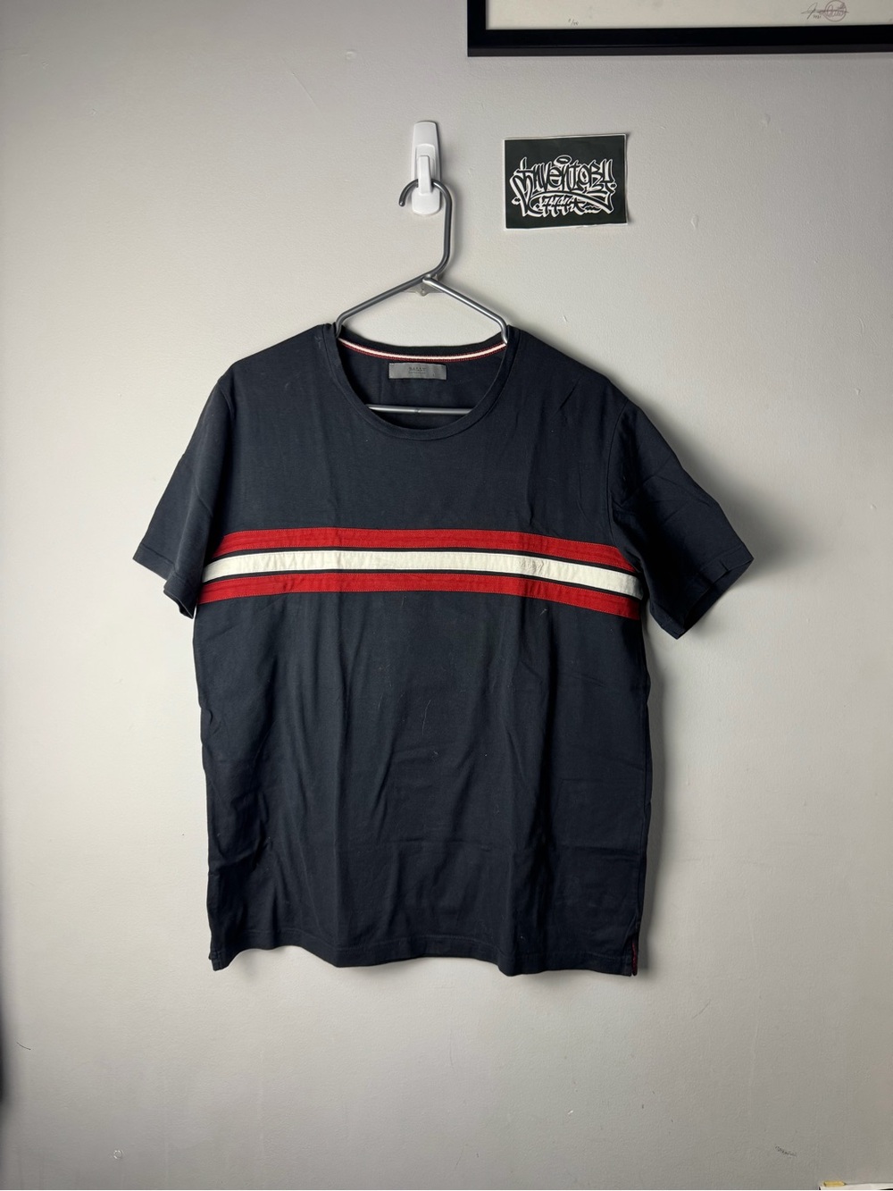 Bally Black Short-Sleeve Tee with Red and White Stripes